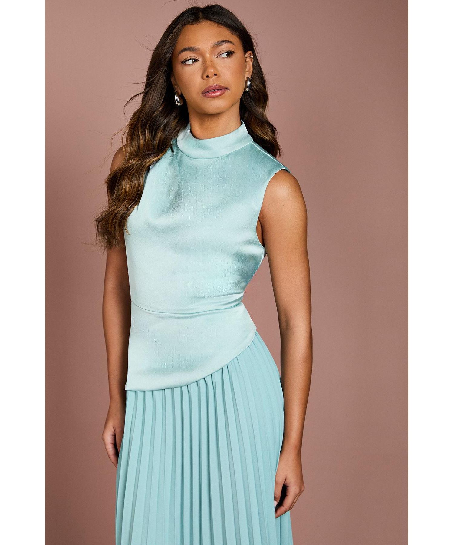 Women's High Neck Pleated Midi Dress