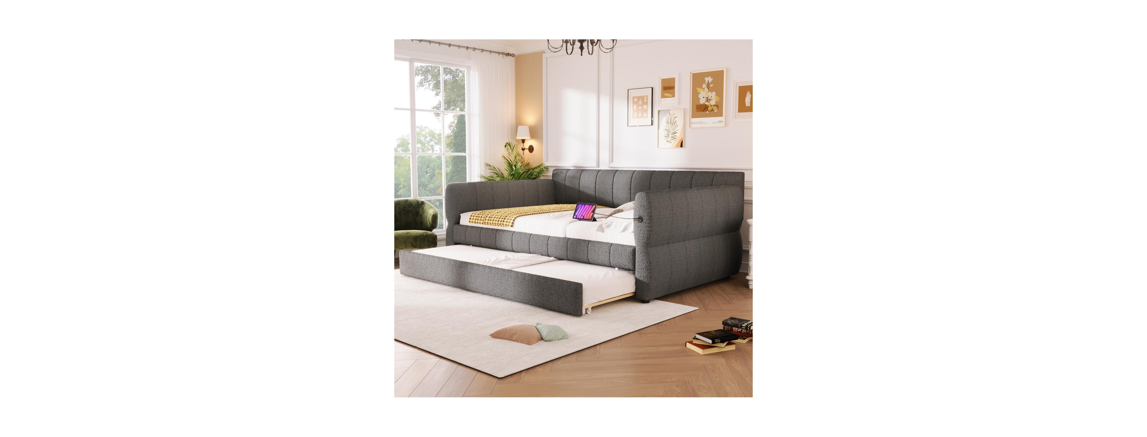 Streamdale Furniture Upholstered Platform Bed with Usb and Trundle