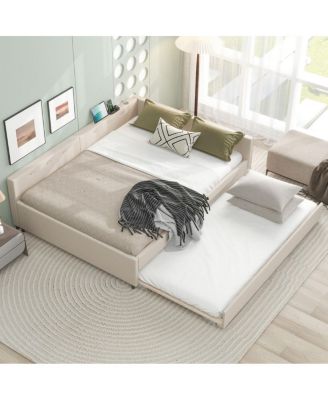 Queen Size Upholstered Platform Bed with USB and Twin Size Trundle