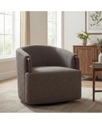 Modern Boucle Swivel Barrel Chair with Solid Wood Accents