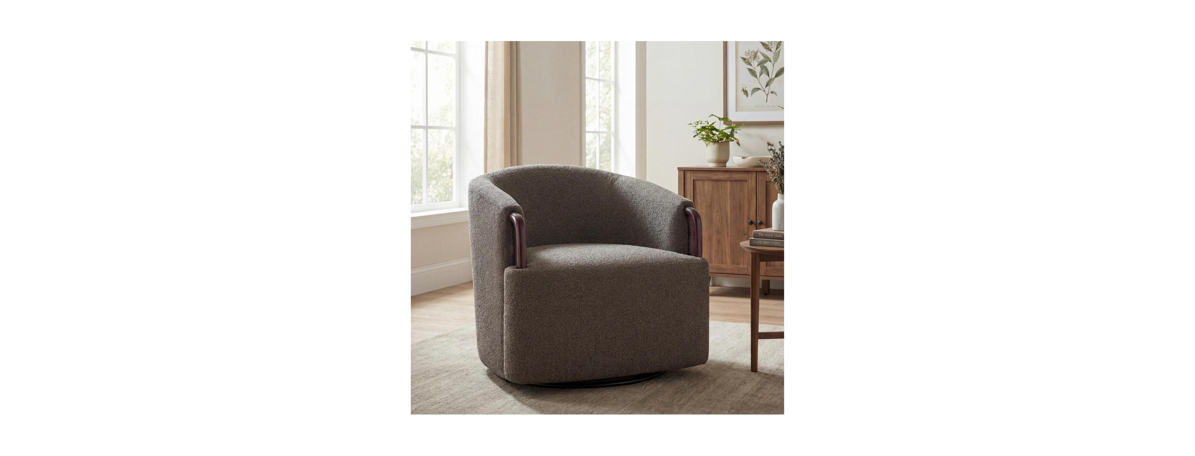 Streamdale Furniture30'' Modern Boucle Swivel Barrel Chair with Solid Wood Accents