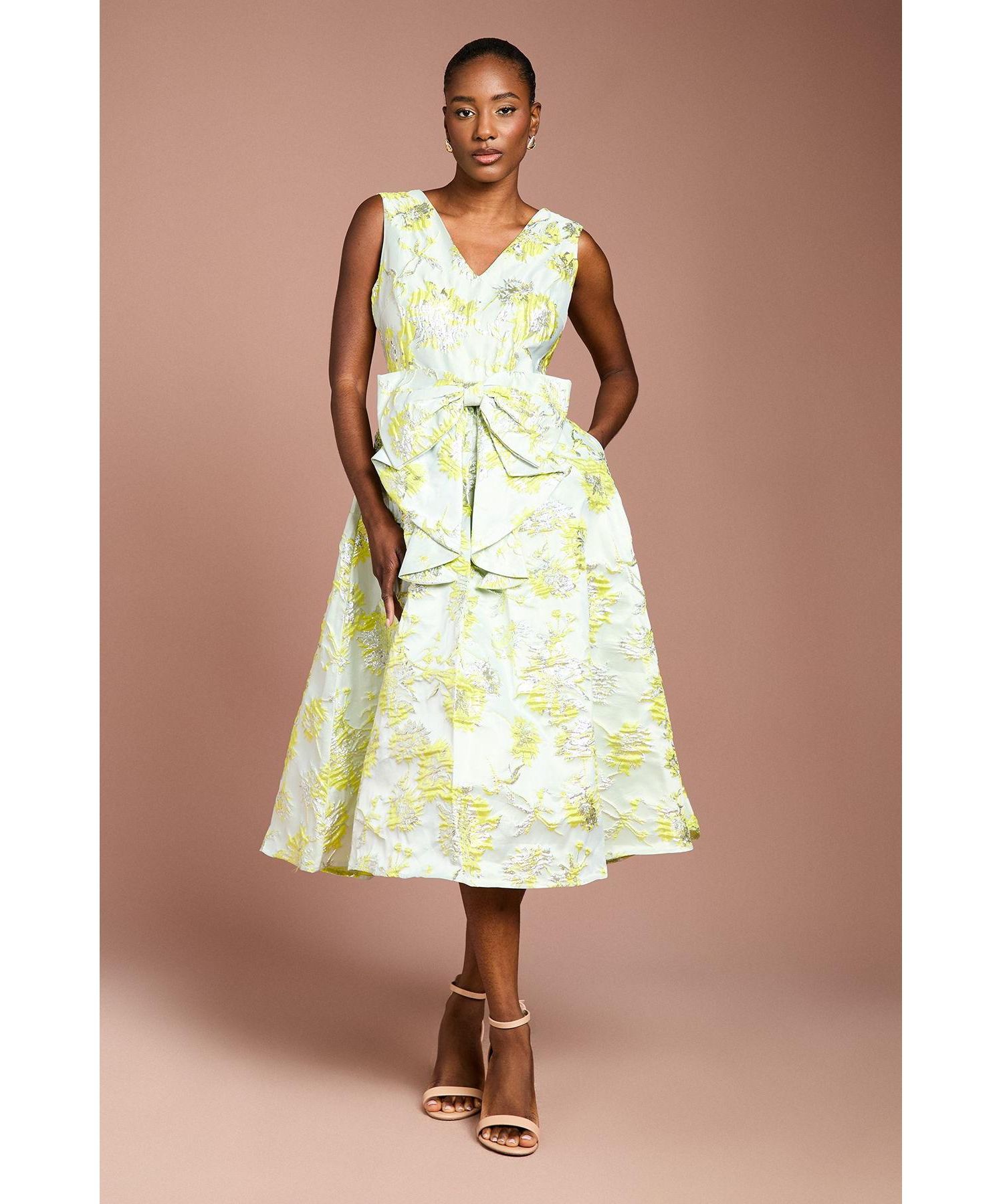 Women's V-Neck Bow Jacquard Midi Dress