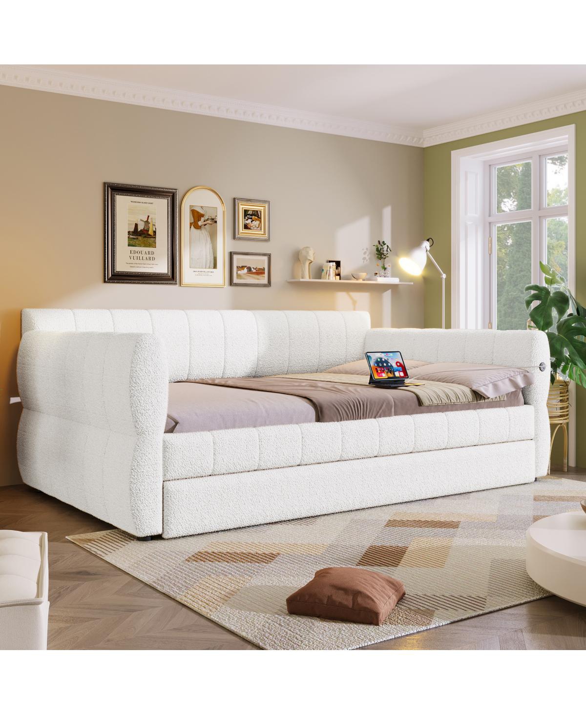 Streamdale Furniture Queen Size Upholstered Platform Bed with Usb and Trundle