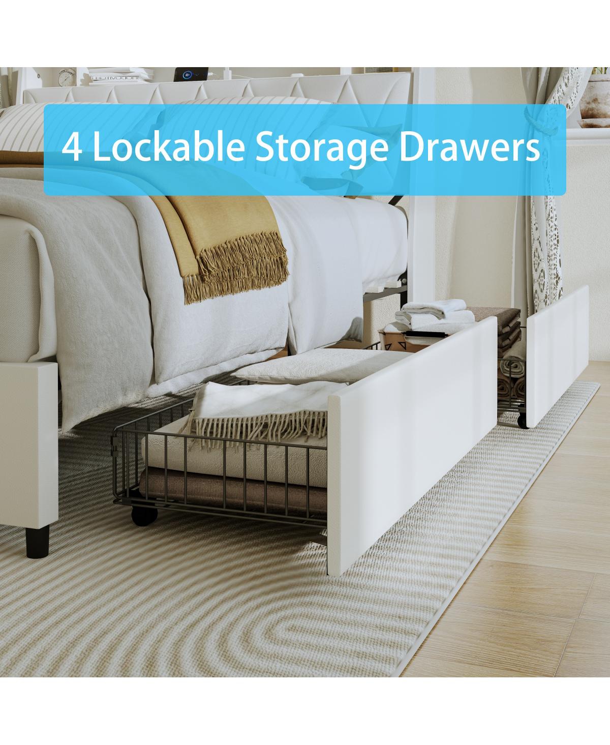 Streamdale Furniture Platform Bed Frame with Led Lights Charging Station and Storage Shelf