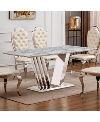 70'' Rectangular Faux Marble Dining Table with Mirrored Stainless Steel Base