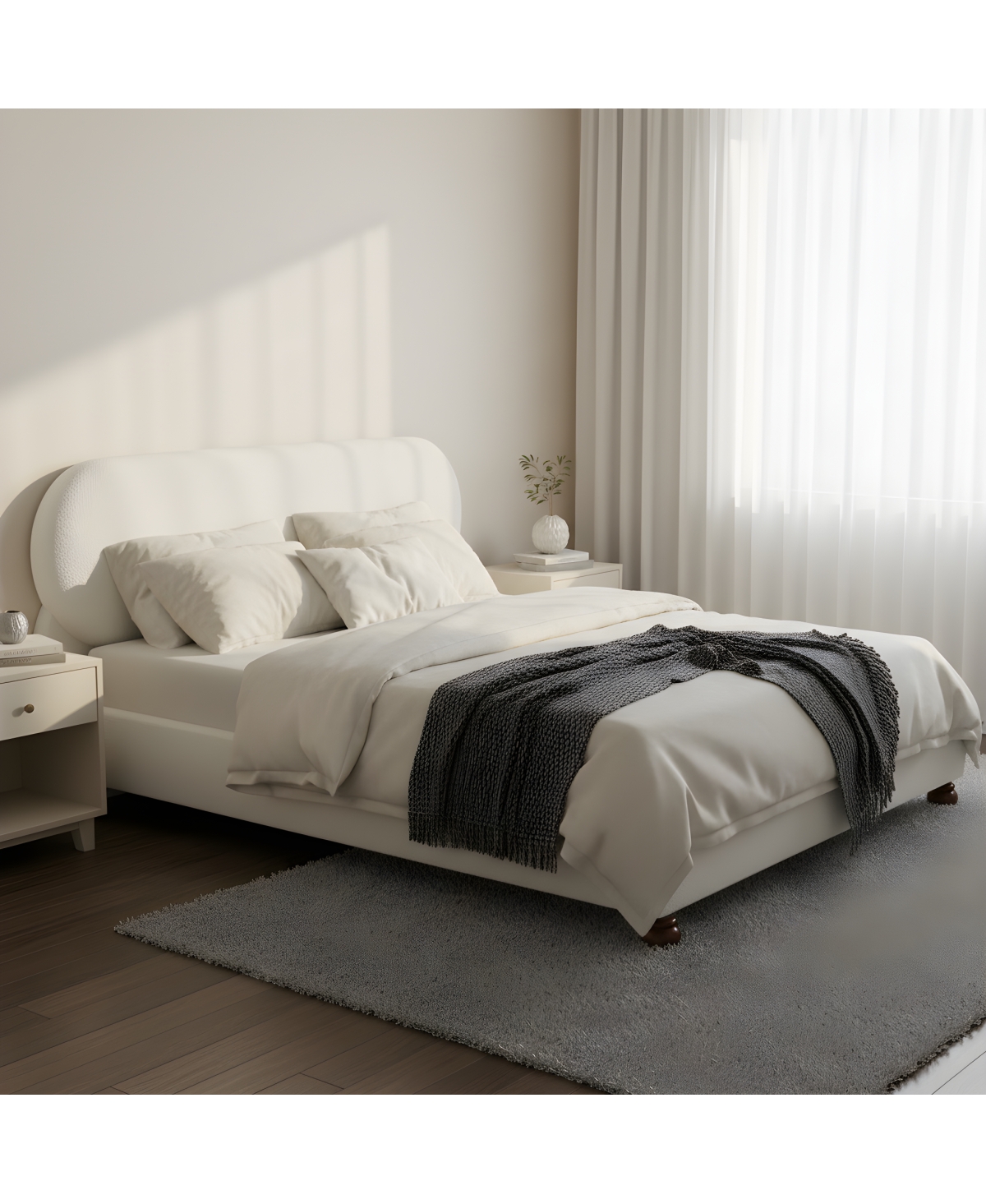 Streamdale Furniture Boucle Upholstered Bed with Rubber Wood Foot