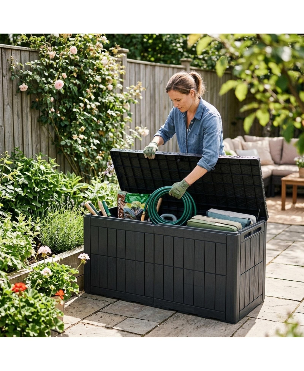 Sugift 120 Gal Waterproof Lockable Outdoor Deck Box for Tools Cushions Pool