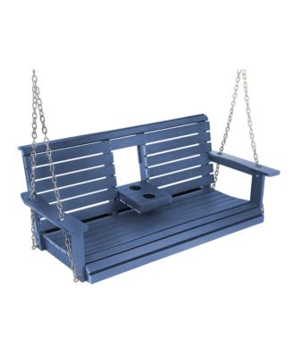 5 Ft Poly Lumber 3-Seat Porch Swing, HIPS Bench Swing with Foldable Cup Holders,High Backrest and Deep Contoured Seat(Navy Blue)
