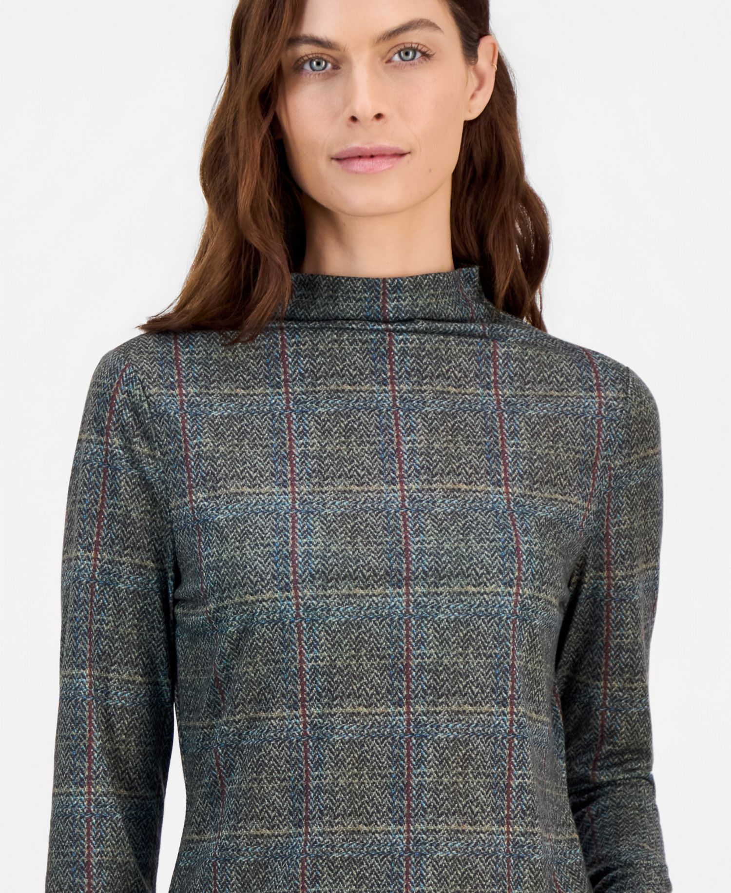 Women's Mock-Neck Plaid Top