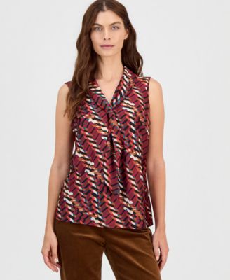 Petites Sailor Tie Sleeveless V-Neck Geometric Blouse