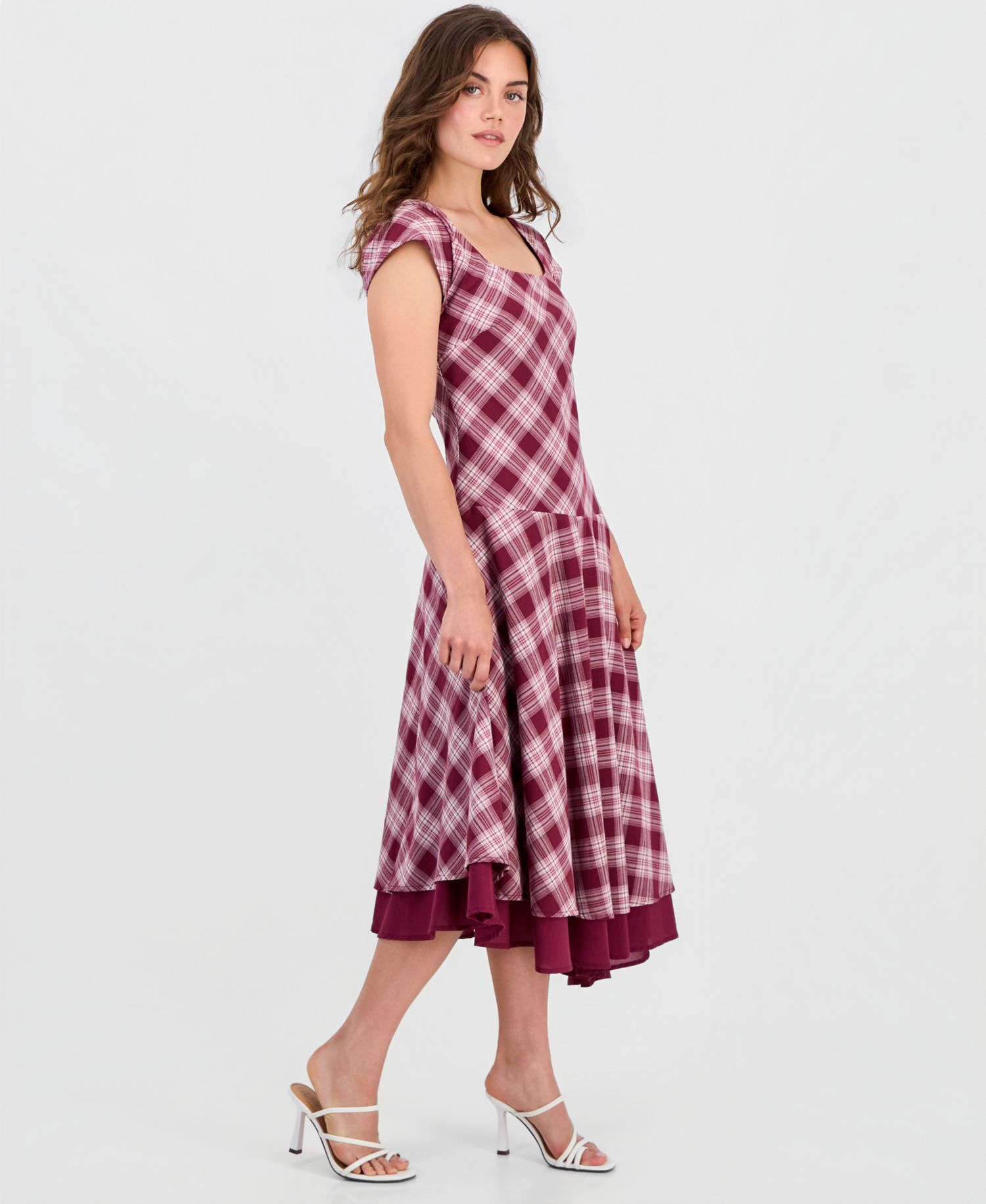 Petite Plaid Asymmetrical Short-Sleeve Maxi Dress