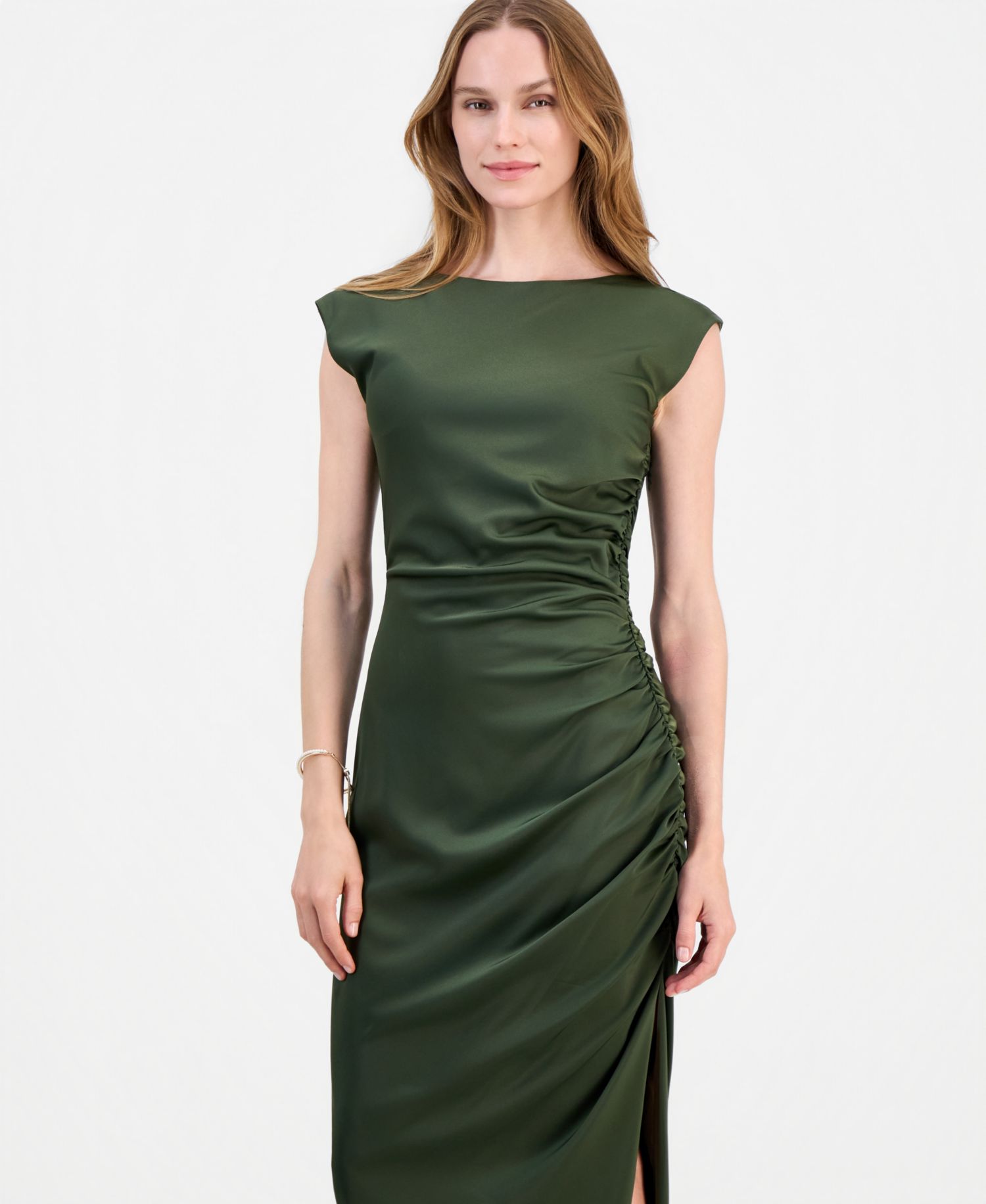Felicity Ruched Satin Side Slit Midi Dress