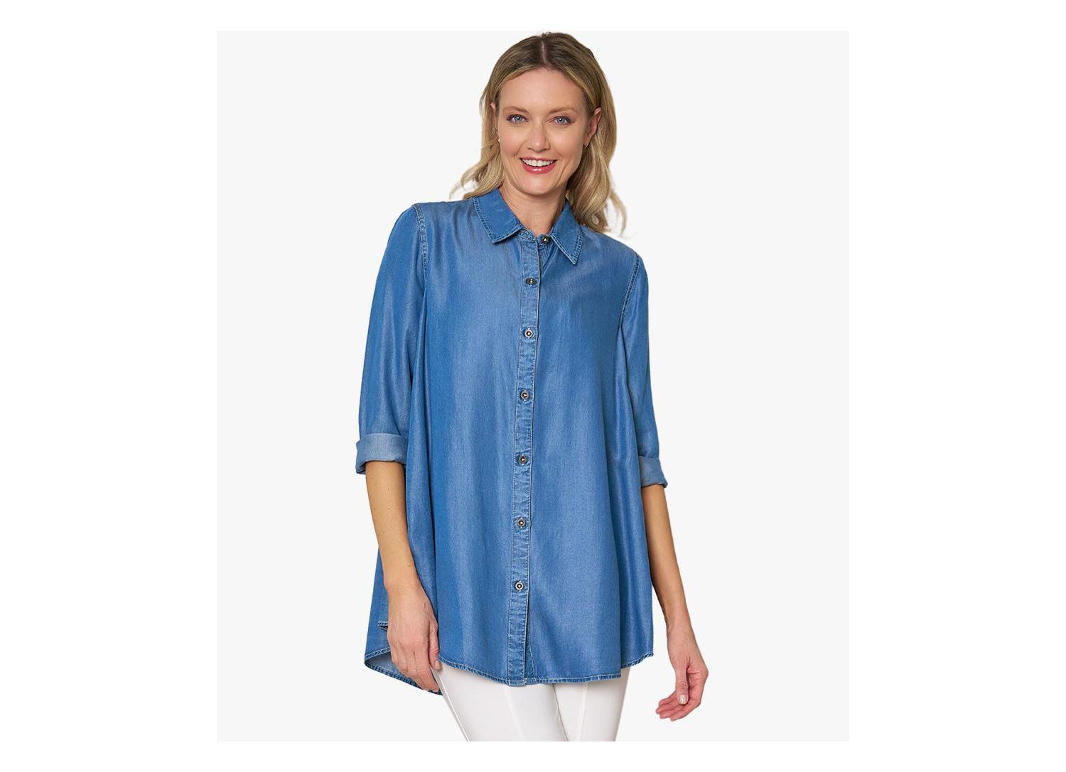 Women's Collared Denim Long Sleeve Button-Front Prime Time Tunic