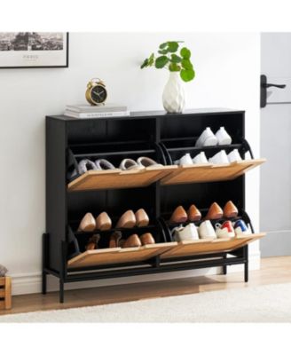 Rattan Shoe Storage Cabinet with 4 Flip Drawers, Narrow Freestanding Shoe Organizer for Entryway, Black