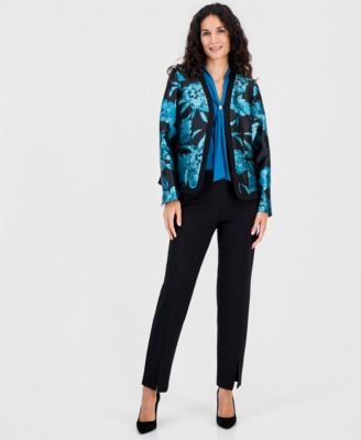 Women's Framed Floral Jacket, Tie-Neck Sleeveless Blouse & Audrey Straight-Leg Trousers