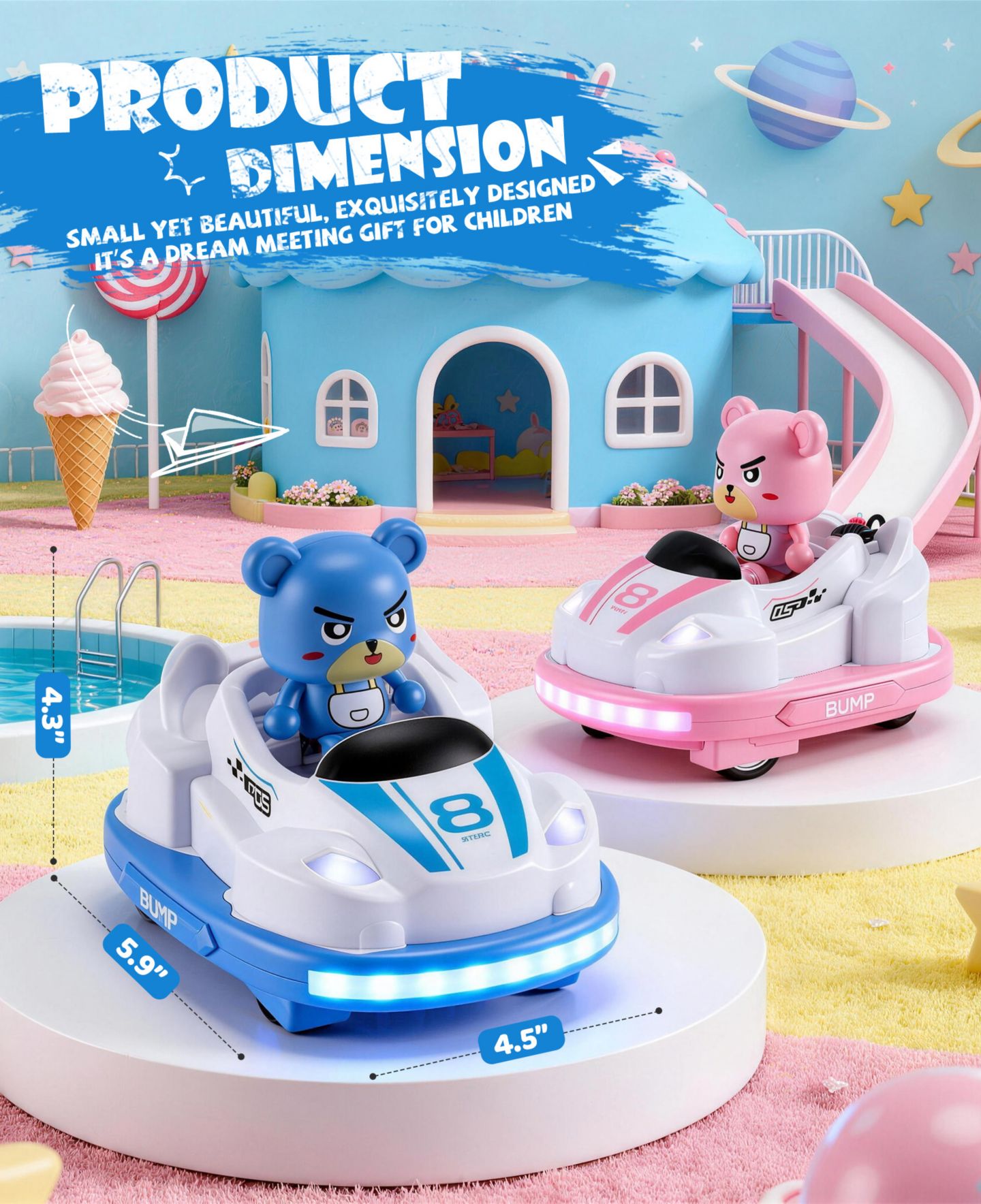 Детские игрушки SUGIFT RC Bumper Cars Toys 2 Pack Kids LED Battle Set with Pop Up Figures, цвет: Розовый / Синий — фото 10