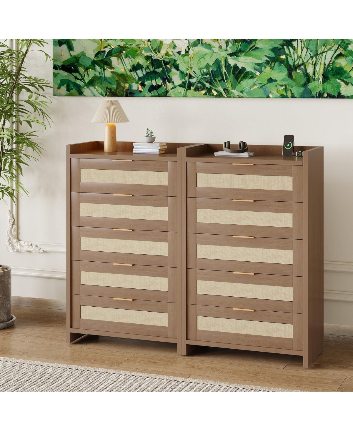 homfan Boho Rattan Dresser with 5 Drawers for Bedroom, Nursery, Living Room, and Entryway