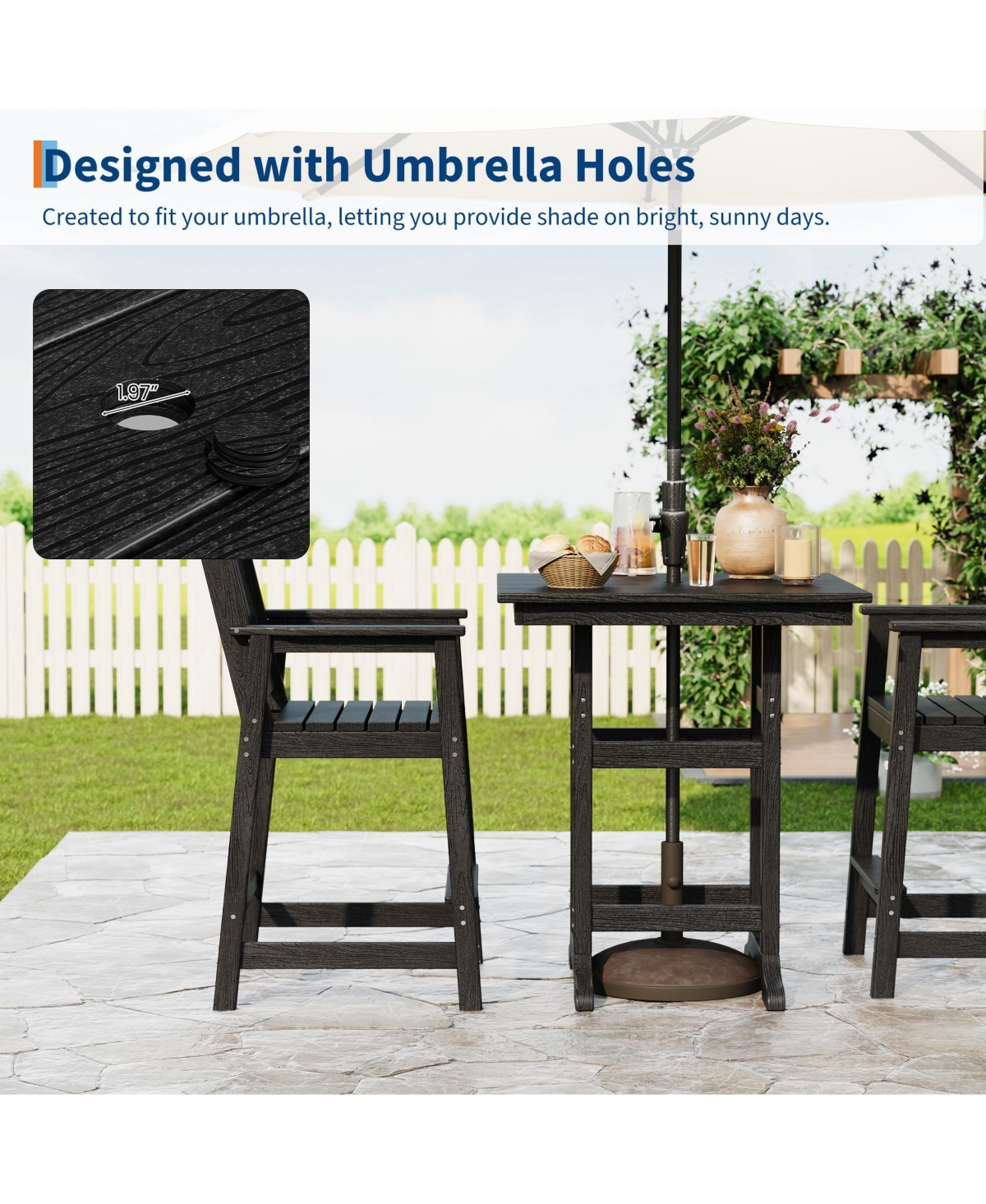 homfan 31.5" Square Hdpe Wood Grain Outdoor Bar Table – 39.6" High Weatherproof Pub with Umbrella Hole, 300 lb Capacity for Patio and Poolside