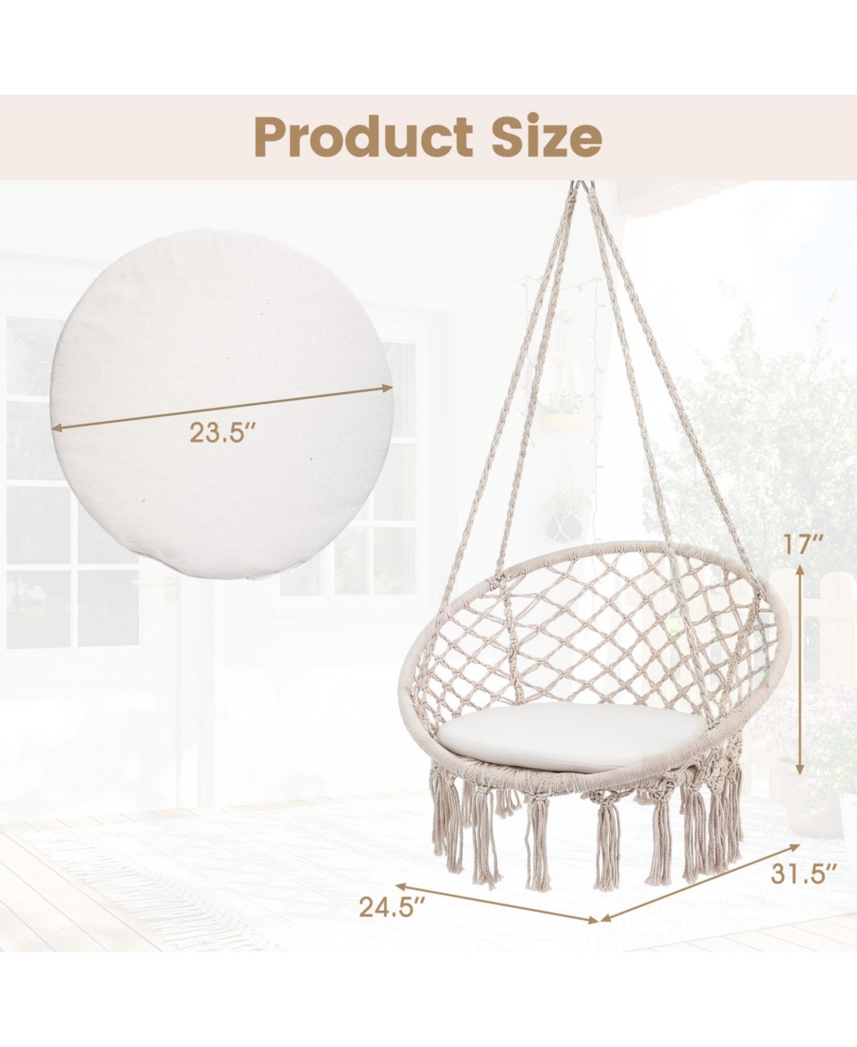 Sugift Macrame Hanging Swing Chair Hammock with Round Cushion and Foldable Frame