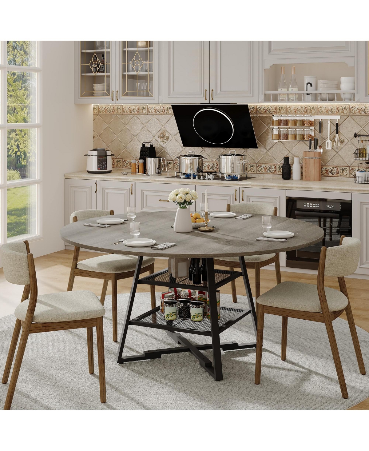 homfan 42 Inch Round Dining Table for 4-6 - Circle Kitchen Table with Metal Base and Storage Shelf