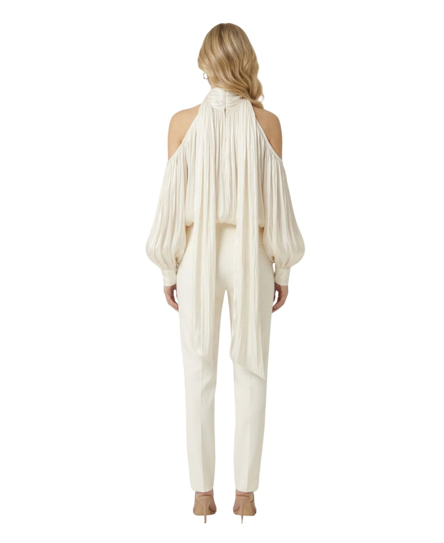 Женская блузка Modenaire High-Neck Cold-Shoulder Draped, цвет: Слоновая кость — фото 2