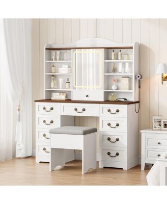 Vanity Desk with Mirror and LED Lights - Includes Chair, 10 Drawers and 8 Shelves, Makeup Table with Power Outlet for Bedroom