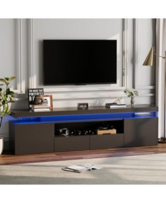 LED TV Stand for Inch TV, Modern High Gloss Entertainment Center with Power Outlets,  LED Lights and Glass Storage Shelves