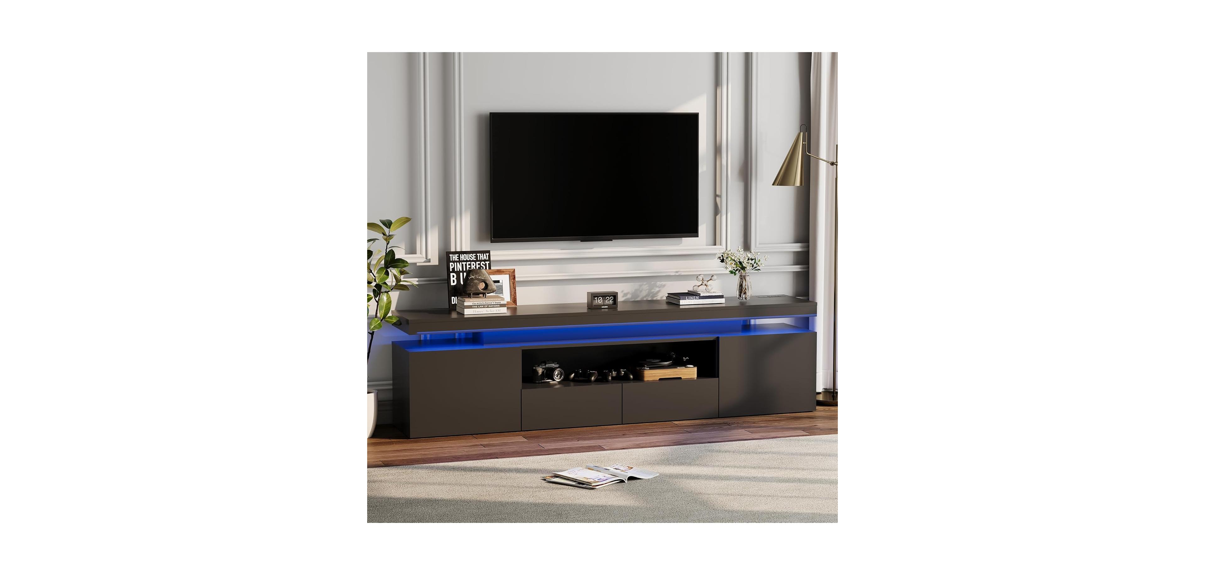 gaomon Led Tv Stand for Inch Tv, Modern High Gloss Entertainment Center with Power Outlets, Lights and Glass Storage Shelves