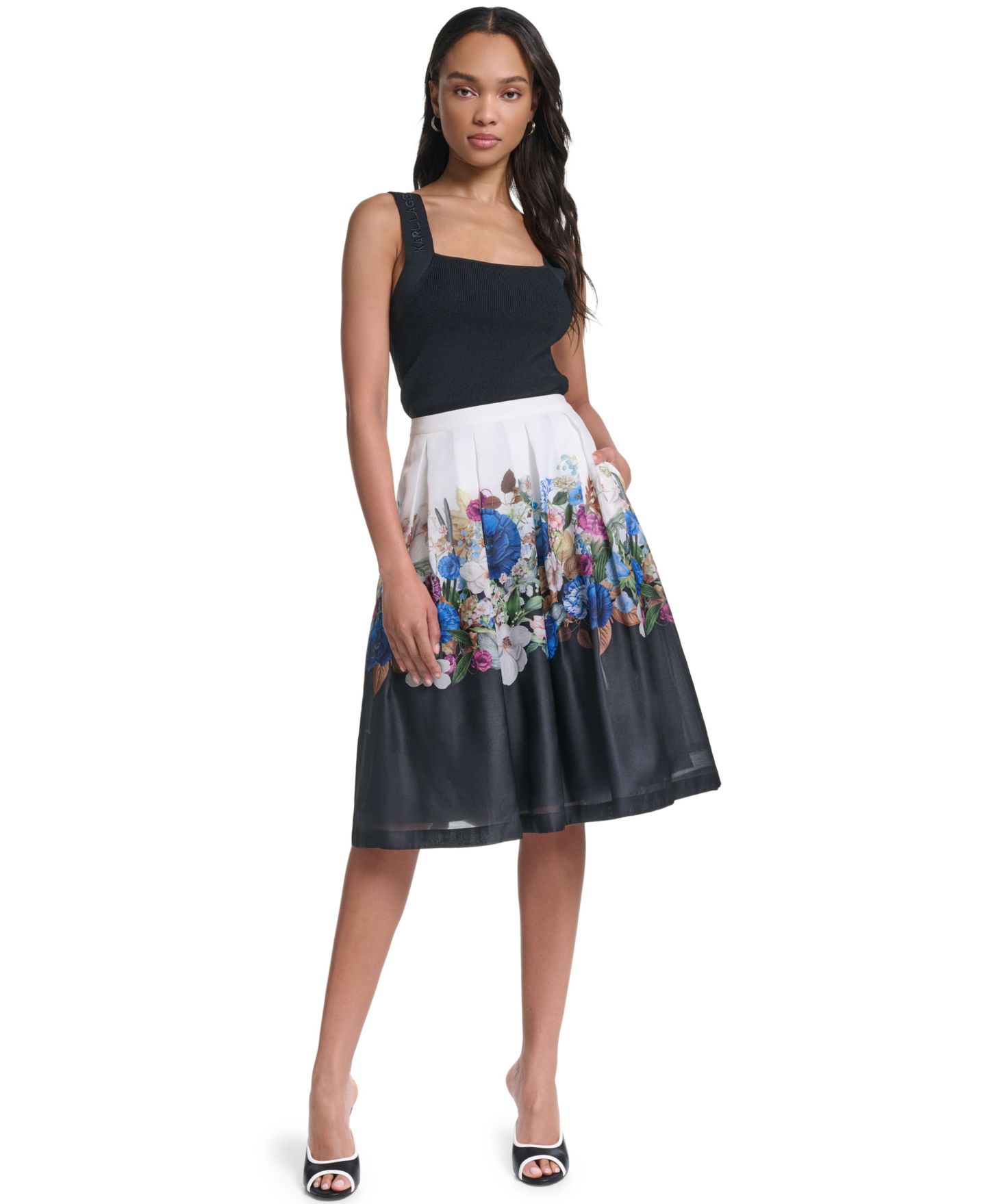 Женская юбка KARL LAGERFELD PARIS Printed Organza Floral Stripe A-Line, цвет: Белый / Чёрный разноцветный — фото 2