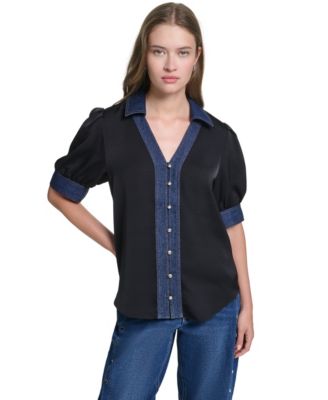 Women's Denim Collar Button-Front Blouse
