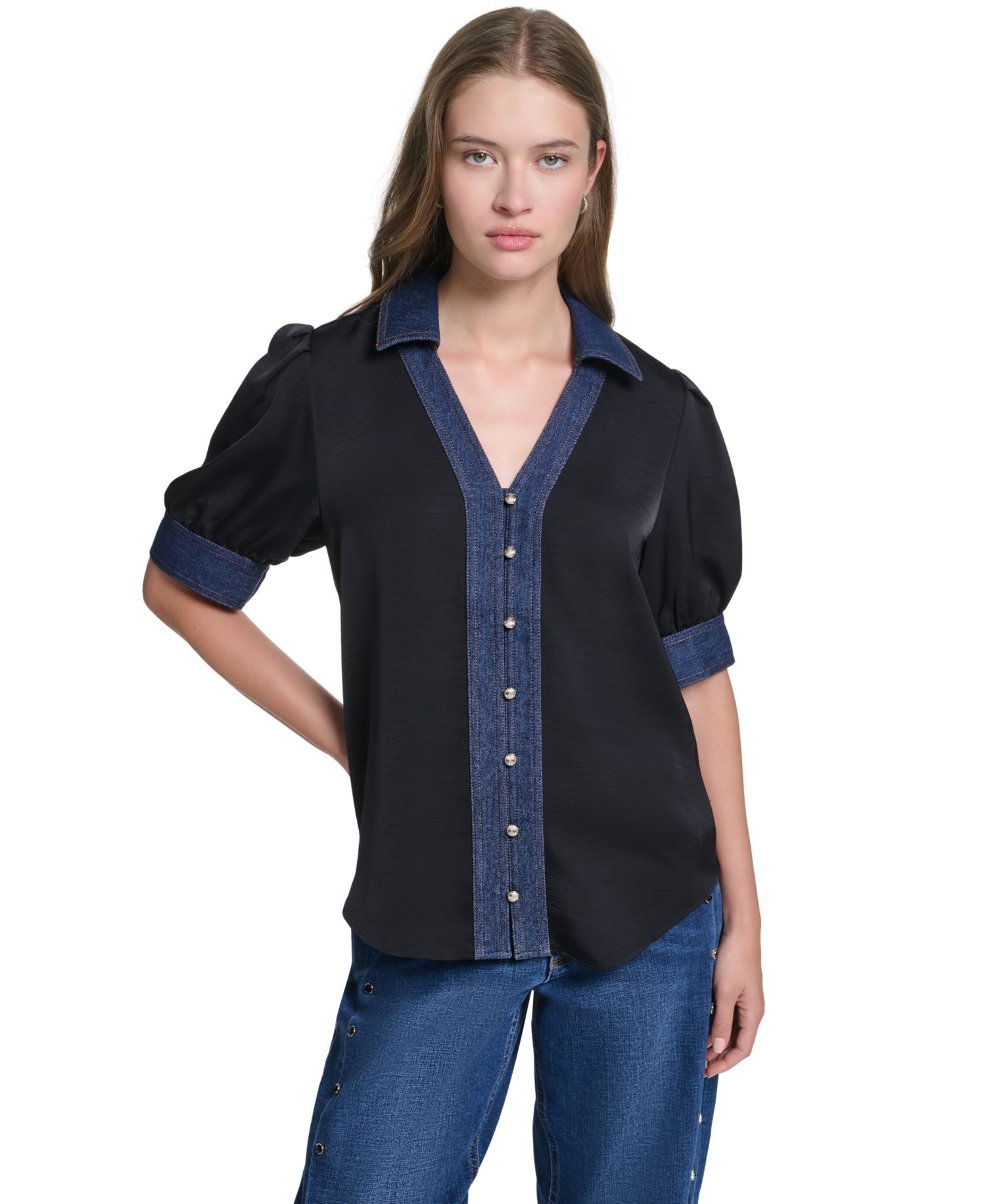 Petite Denim Collar Button-Front Blouse
