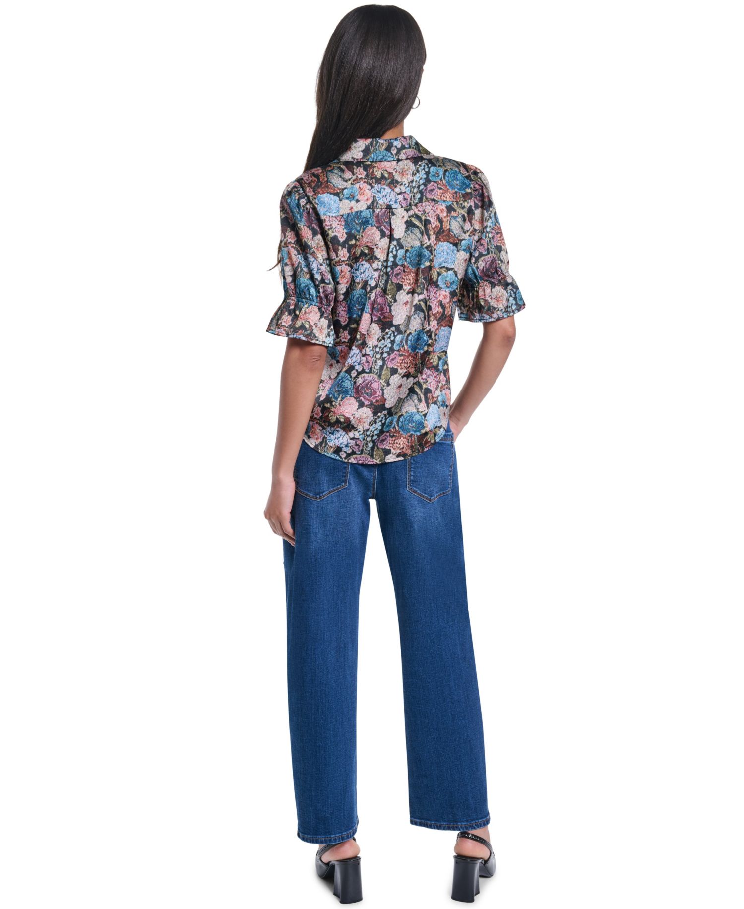 Women's Floral Brocade Print 3/4-Sleeve Button-Up Blouse