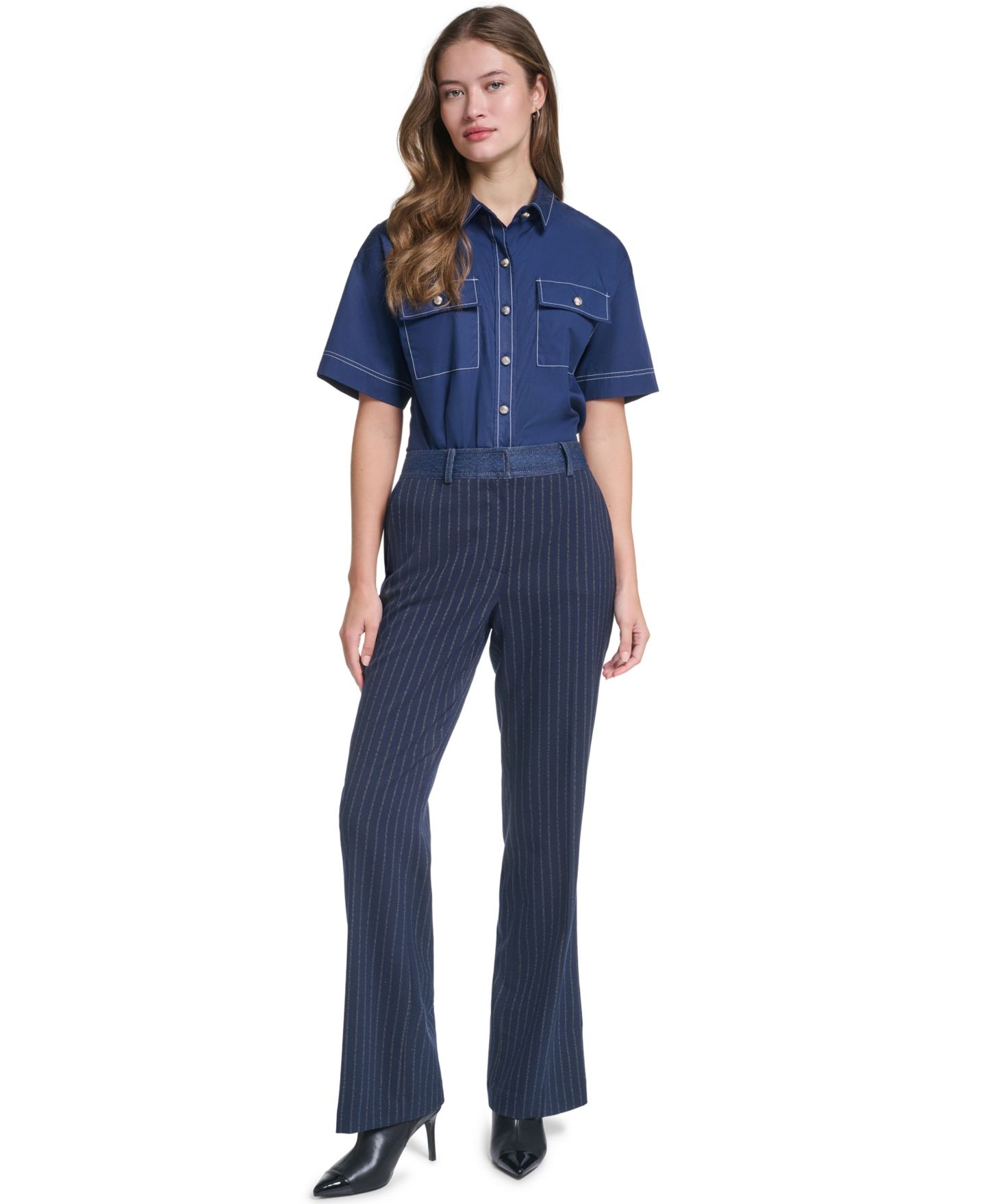 Женские брюки KARL LAGERFELD PARIS Striped Straight-Leg Denim Waistband, цвет: Тёмно-синий / Золотой — фото 2