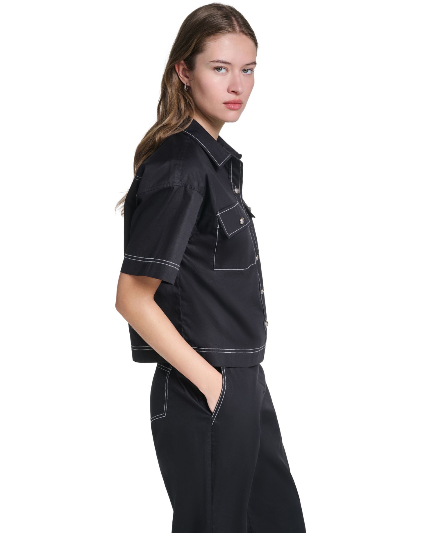Women's Cropped Poplin Button-Front Blouse