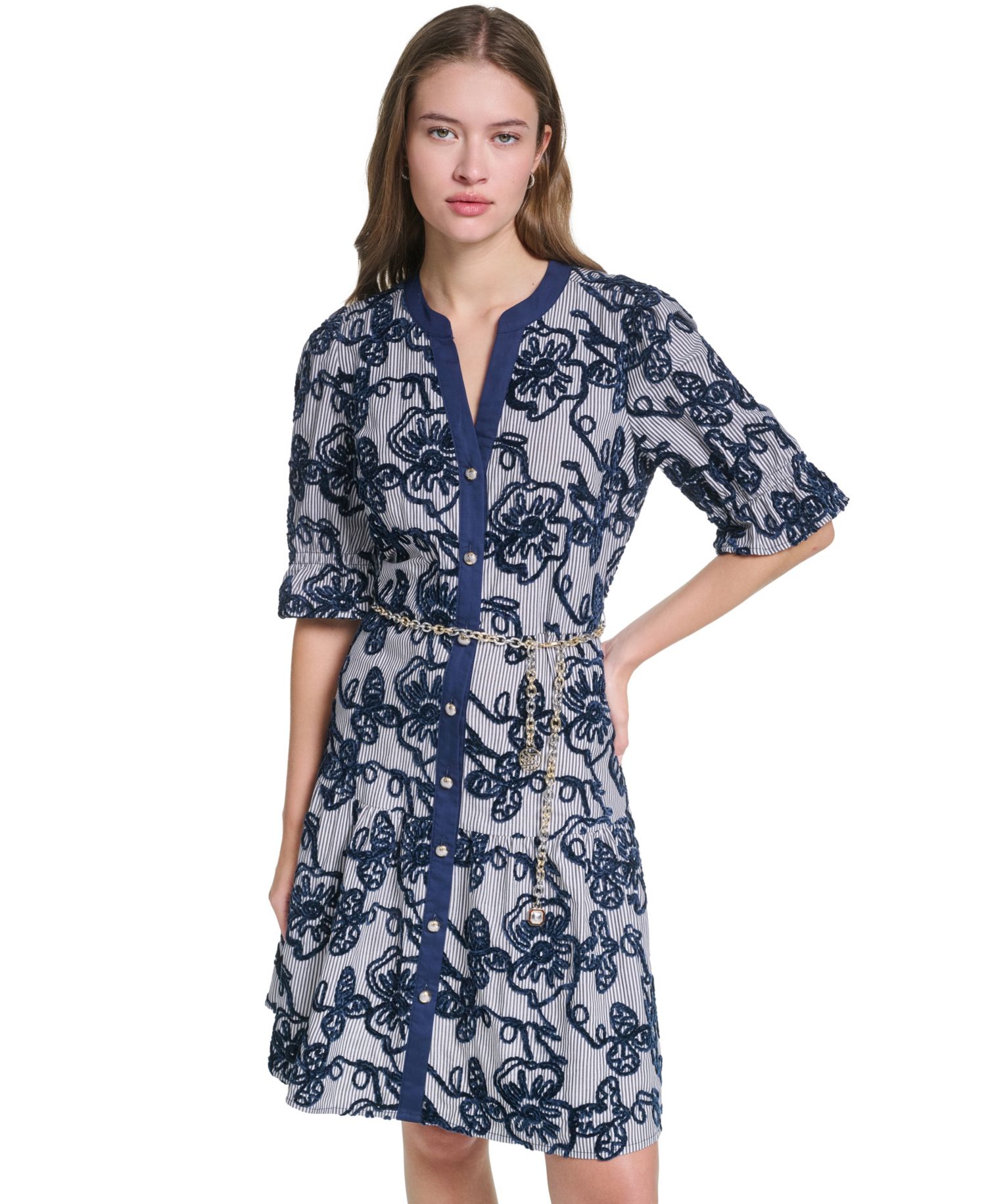 Women's Velvet Embroidery 3/4-Sleeve Chain Belt Dress