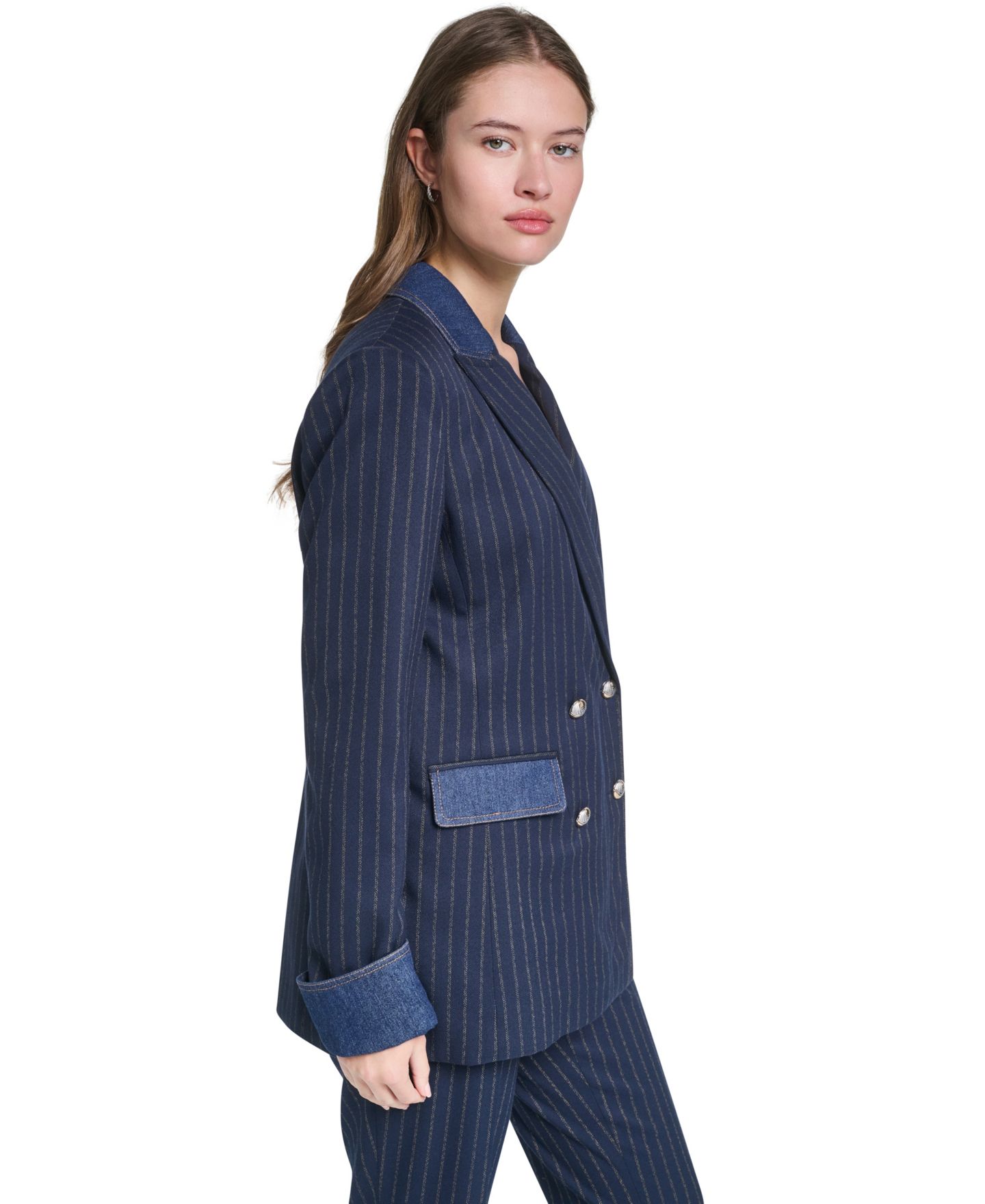 Женский пиджак KARL LAGERFELD PARIS Button-Front Collared Blazer, цвет: Тёмно-синий / Золотой — фото 3