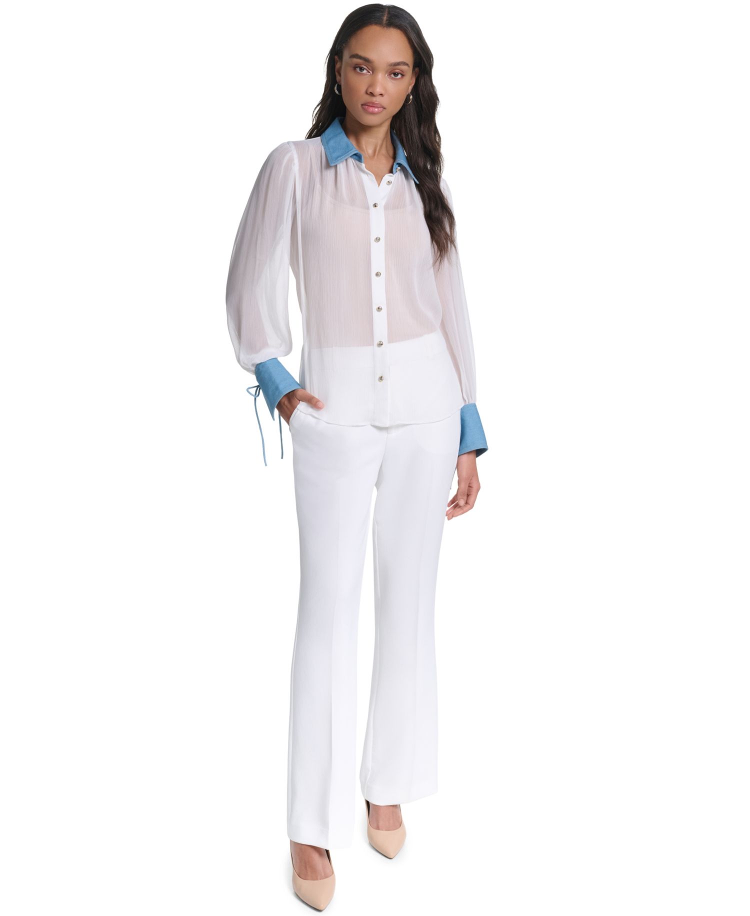 Petite Denim Collar and Cuff Crinkle Chiffon Button-Up Top