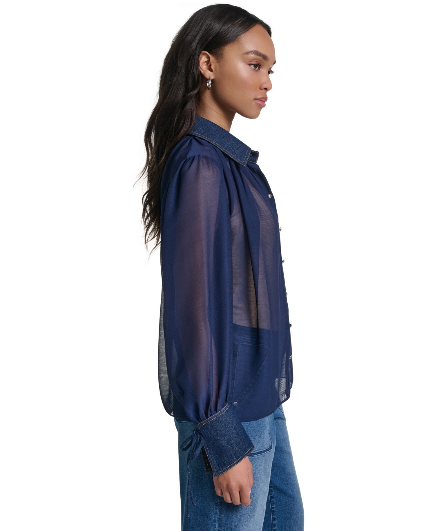Petite Denim Collar and Cuff Crinkle Chiffon Button-Up Top