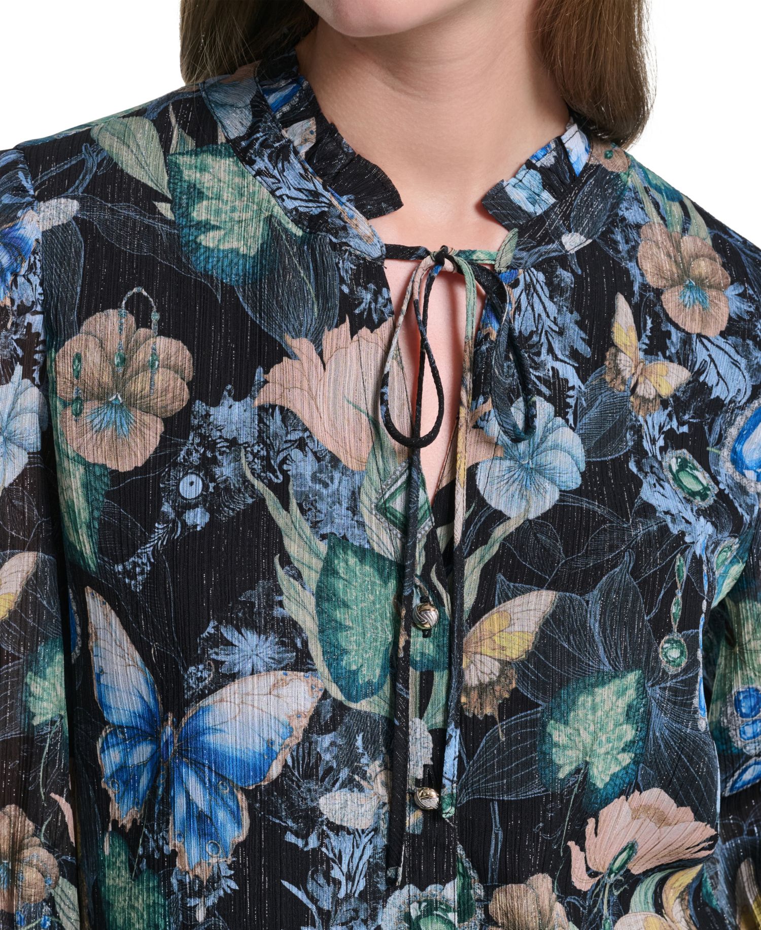 Women's Ruffle Collar Printed Chiffon Button-Up Blouse