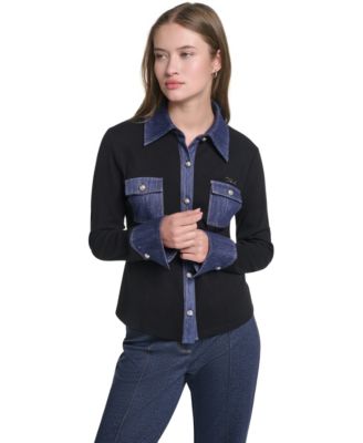 Women's Denim Collar and Cuffs Knit Button-Up Top