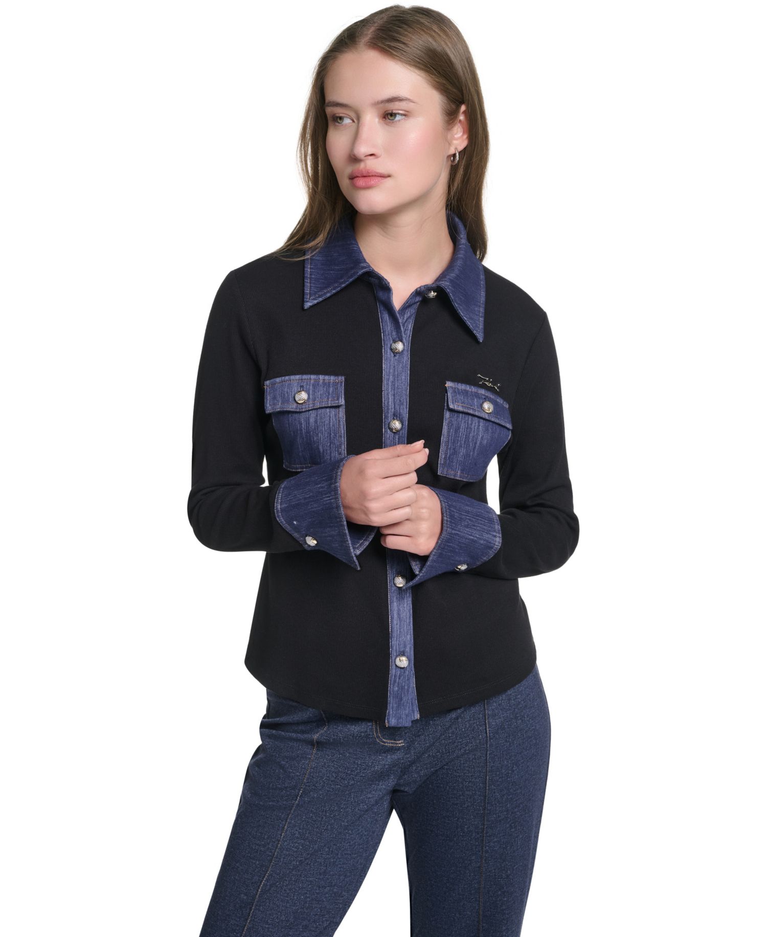 Women's Denim Collar and Cuffs Knit Button-Up Top