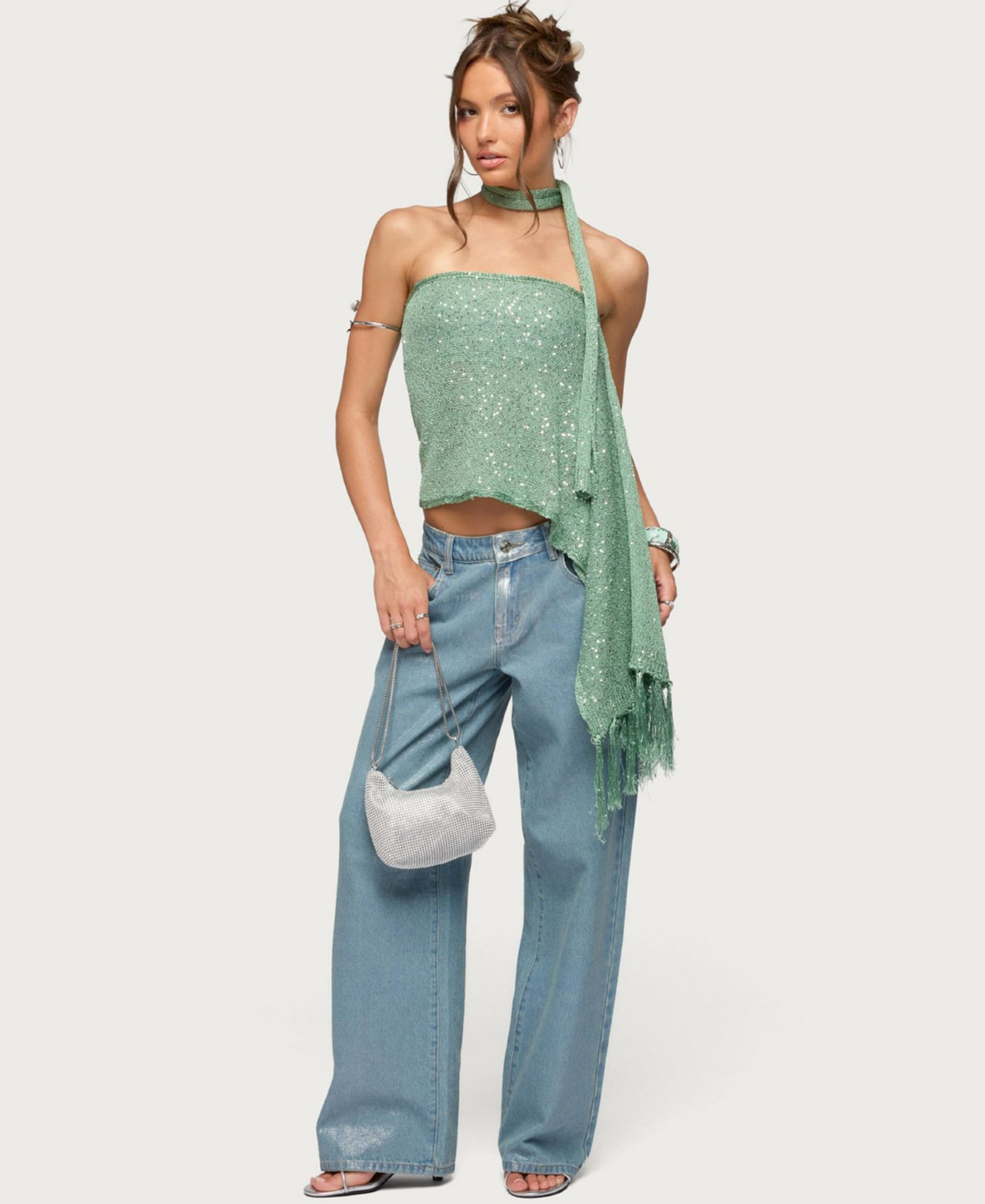 Women's Two-Piece Sequin Knit Scarf Top