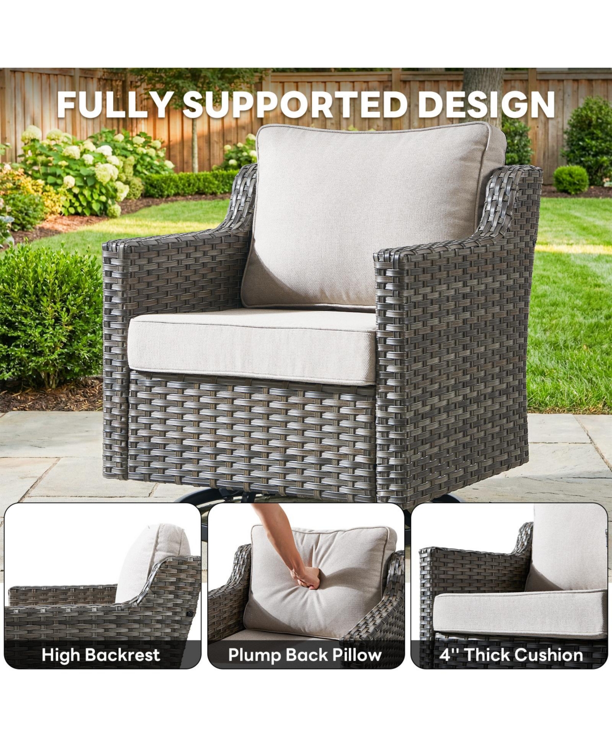Pocassy 3 Pieces Patio Furniture Set, Swivel Rocker Chairs Wicker Outdoor Bistro Set with Rocking Chair, Thickened Cushions and Table