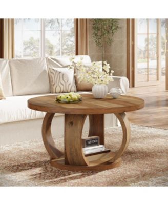  Round Coffee Table,2-Tier Circle Coffee Table with Storage,Farmhouse Wooden Center Furniture for Living Room,Small Space