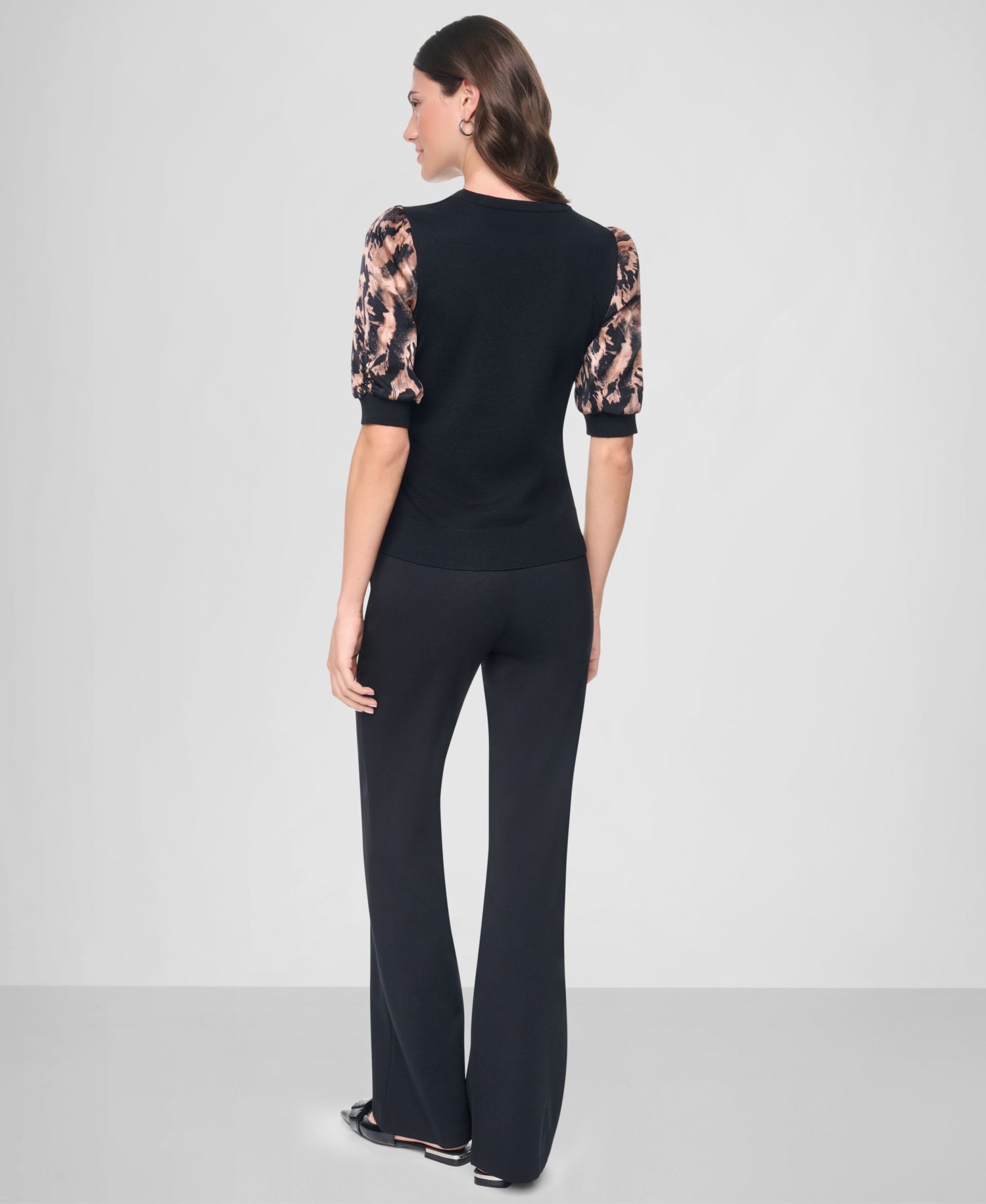 Women's Printed Twist-Sleeve Mix Media Sweater