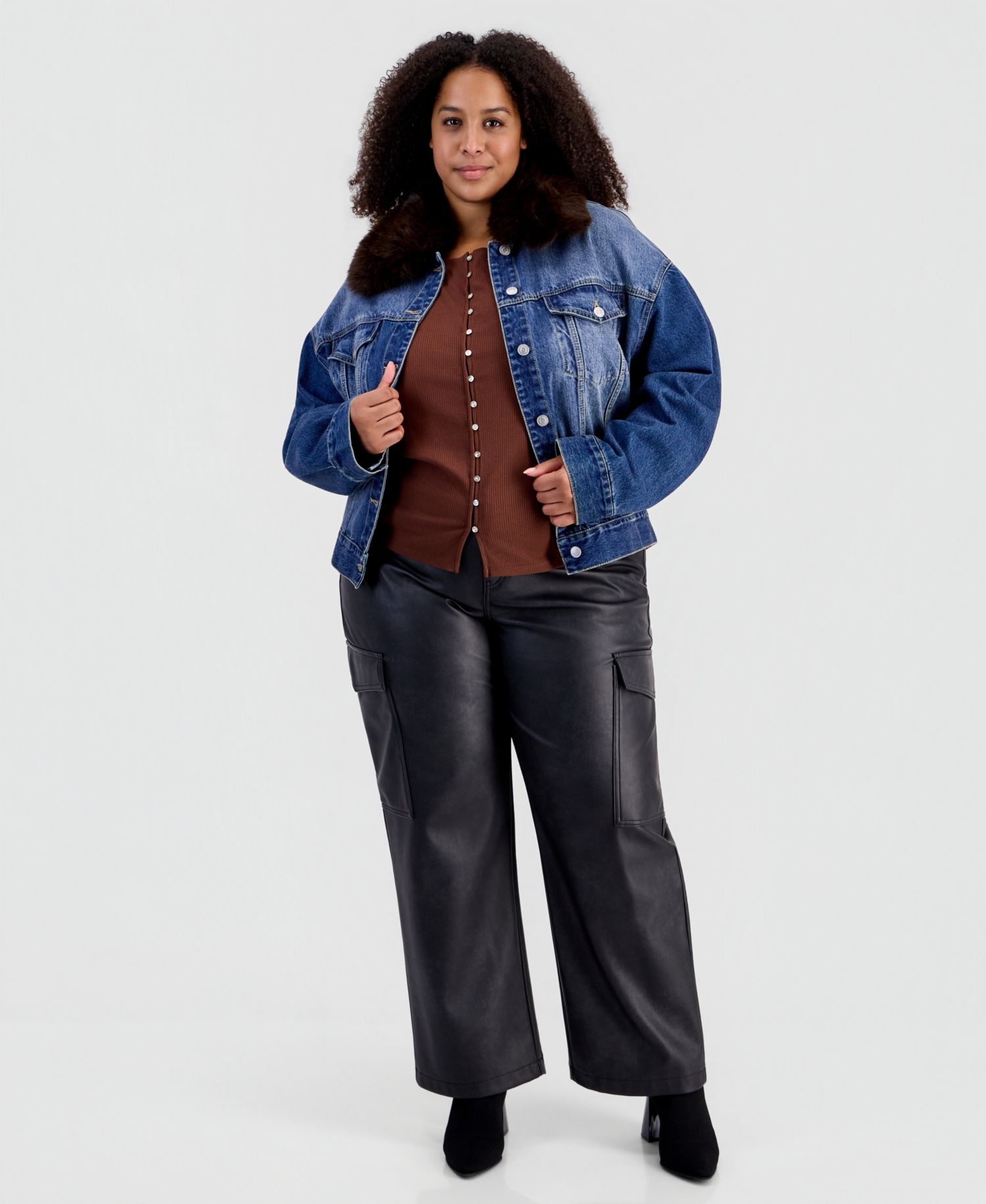 Plus Size Removable Faux-Fur Collar Denim Cropped Jacket