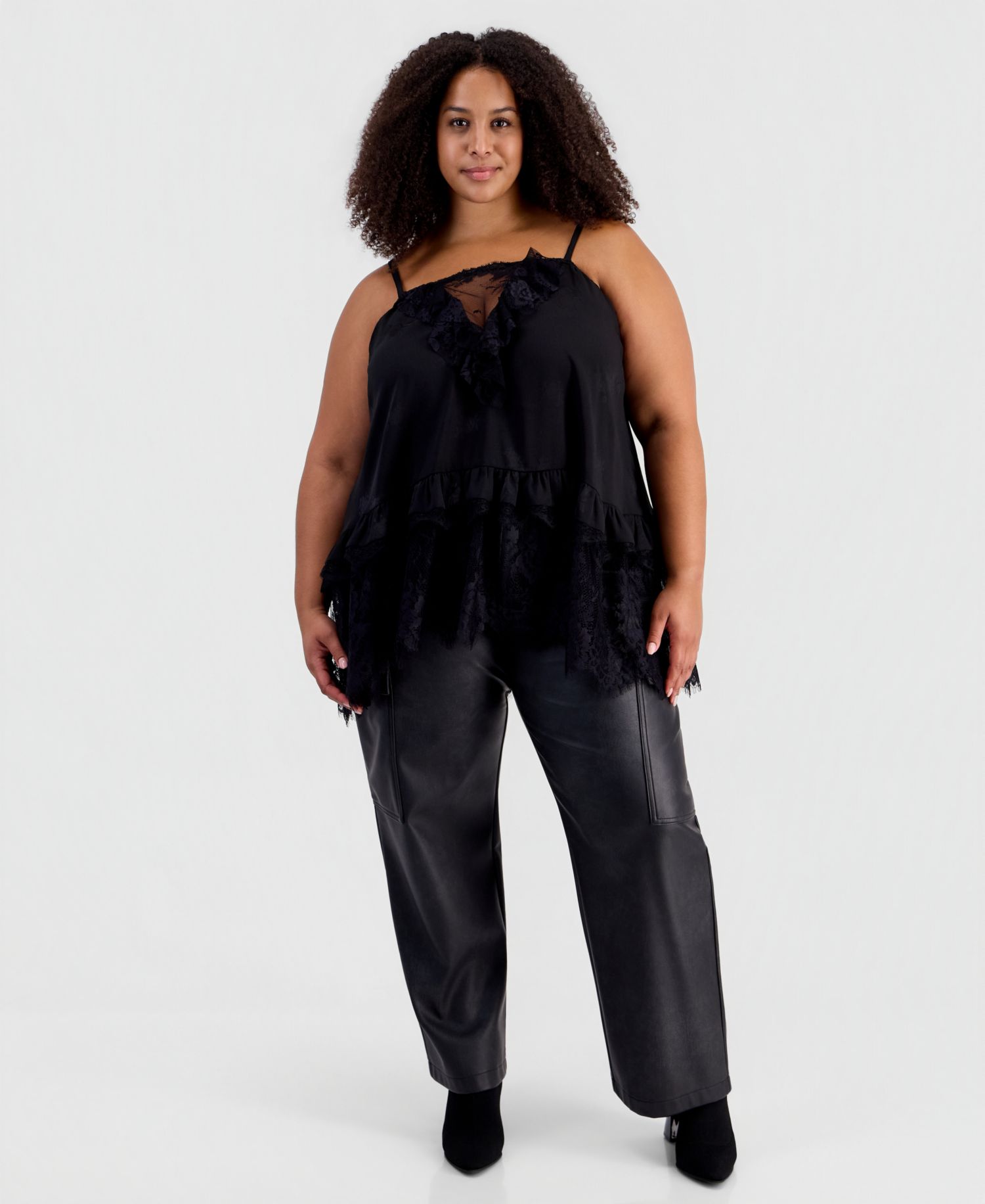 Plus Size Lace Trim Long Ruffle-Trim Camisole