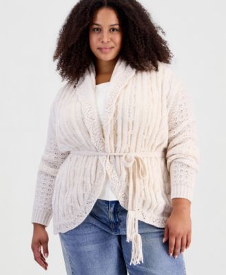 Plus size Tie Pointelle Shawl Collar Drop-Shoulder Cardigan