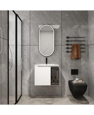 24" Wall-Mounted Glossy White Bathroom Vanity With Ceramic Sink, Gray Glass Door, 2 Soft-Close Doors