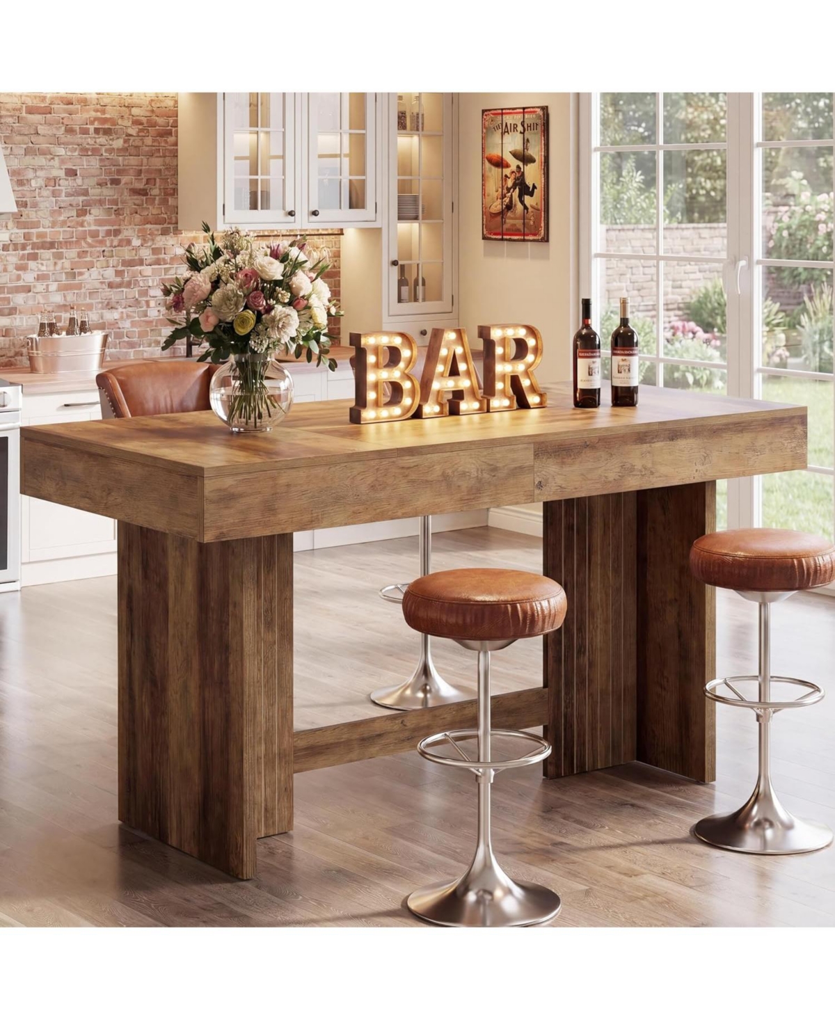 Tribesigns 55" Bar Table, Farmhouse Wooden High Pub Table with Extra Large Worktop and Leg Room, High Top Bar Unit - Brown